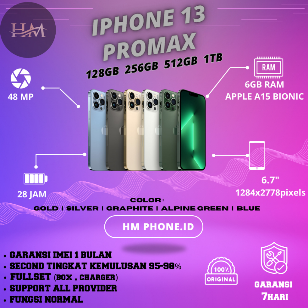 Iphone 13 Pro Max 128GB/256GB/512GB/1TB Second Bekas Original Fullset