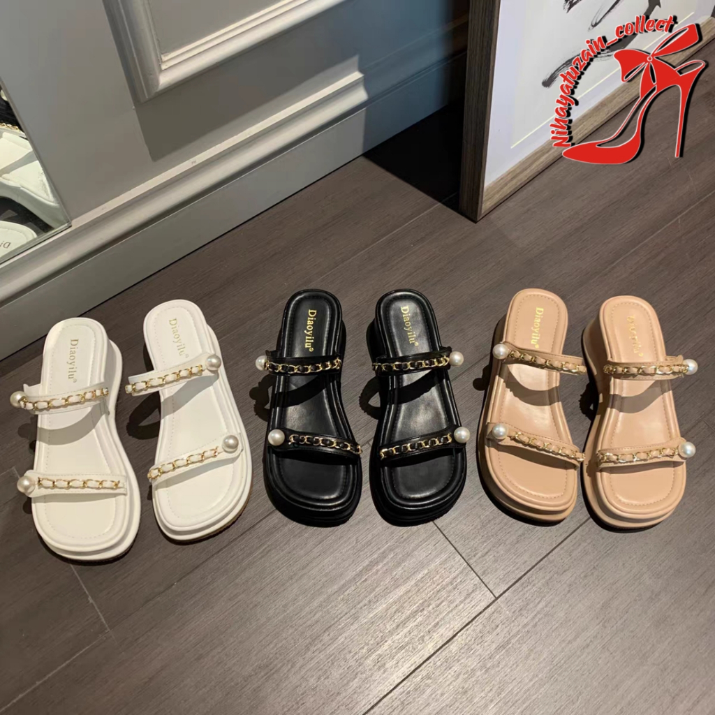 sandal sendal wedges  hak tinggi tebal perempuan wanita cewek remaja tanggung warna hitam cream mocc