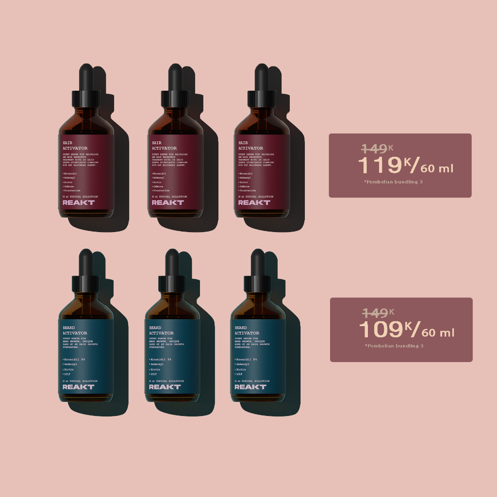 Reakt Minoxidil 5% paket promo 3pcs Anti-hairfall and Hairgrowth Serum / Serum Anti-Rontok dan Penumbuh Rambut Beard Growth Serum / Serum Penumbuh Brewok