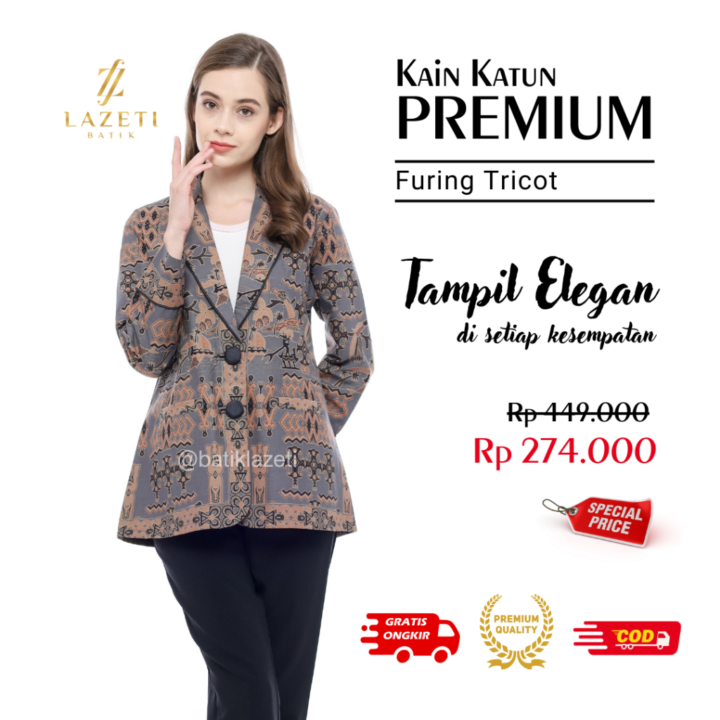BATIK LAZETI Bluss Atasan Baju Batik Wanita Furing Tricot Motif Papua Abu