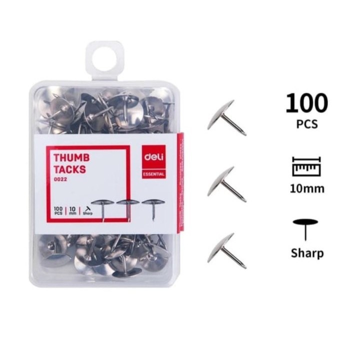 

PUSH PIN PAKU PAYUNG SILVER BOX DELI 0022 100 PCS 10MM THUMB TACKS