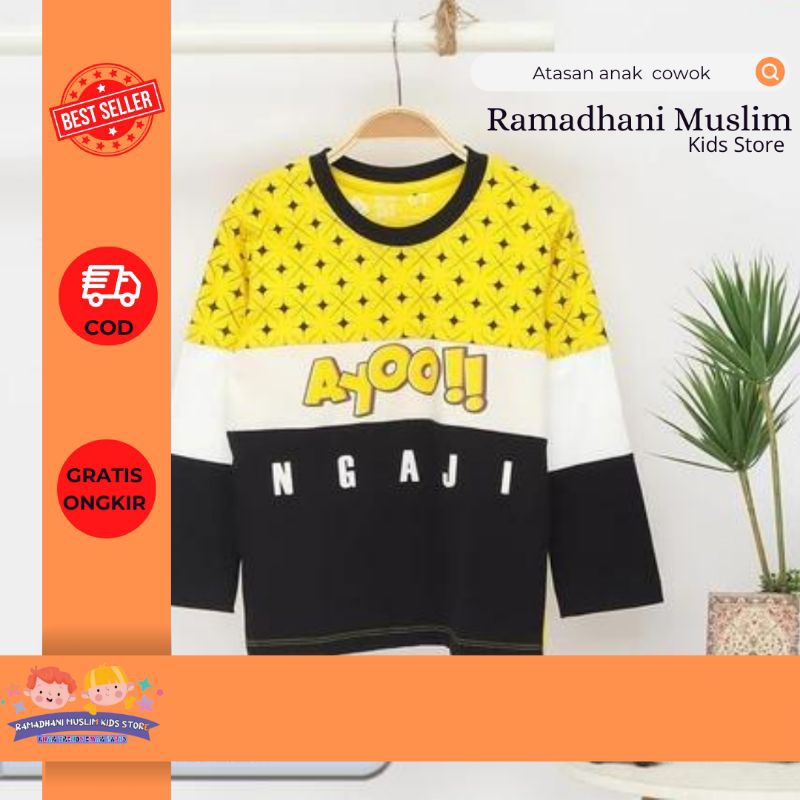 Kaos anak cowok tema islami usia 5 tahun umur 7 tahun ready warna kuning biru lengan panjang trendy 