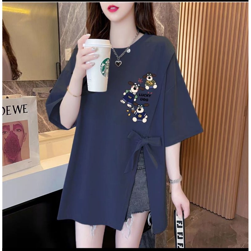 T-shirt Lengan pendek Atasan wanita kaos wanita Korea Baju Koreaan style over size-Biru