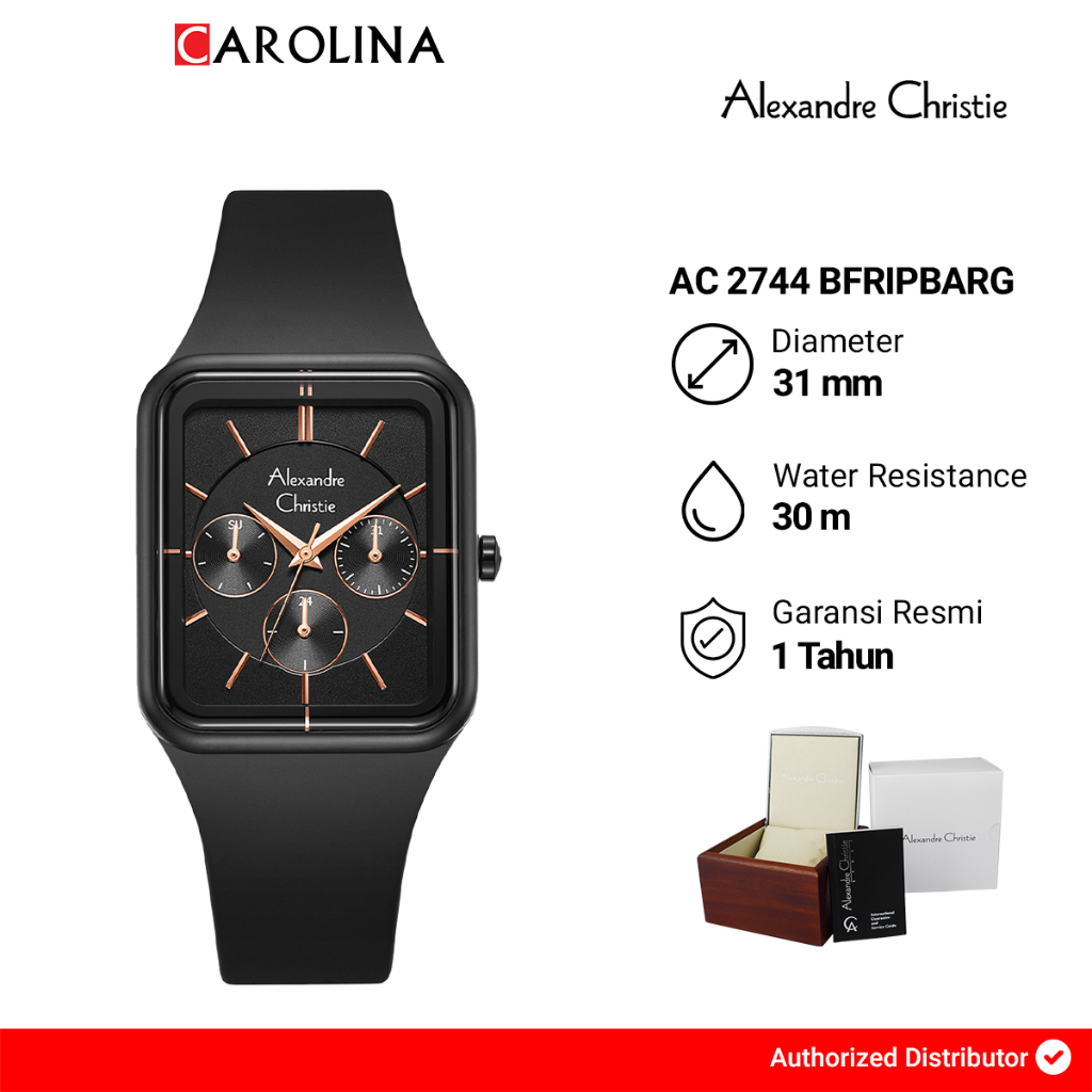 Jam Tangan Wanita Alexandre Christie Multifunction AC 2744 BFRIPBARG Black Dial Black Rubber Strap