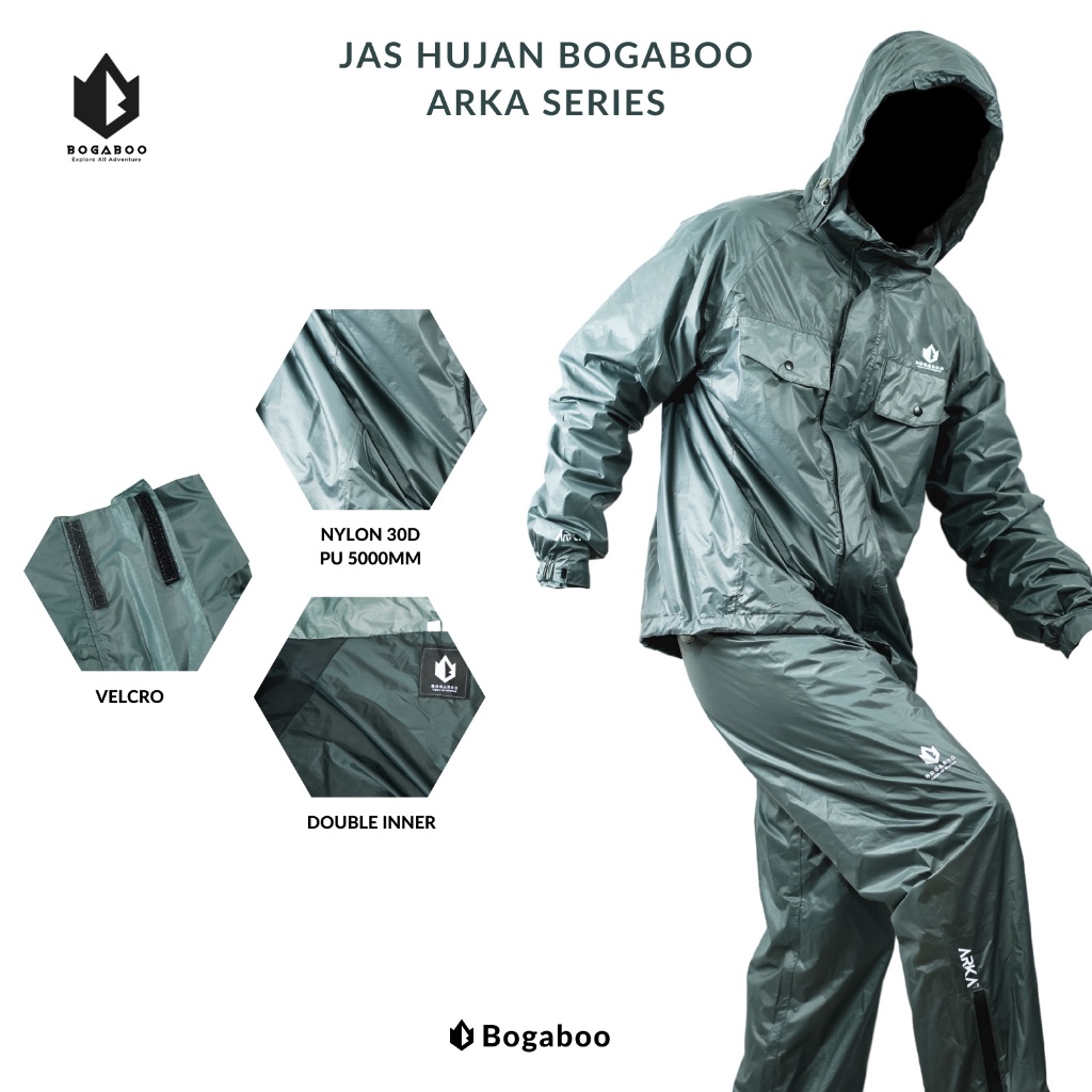 BOGABOO ARKA JAS HUJAN SETELAN BAHAN Nylon 30D PU 5.000 FULL TAPE SEALER  - RAINCOAT WATERPROOF PRIA