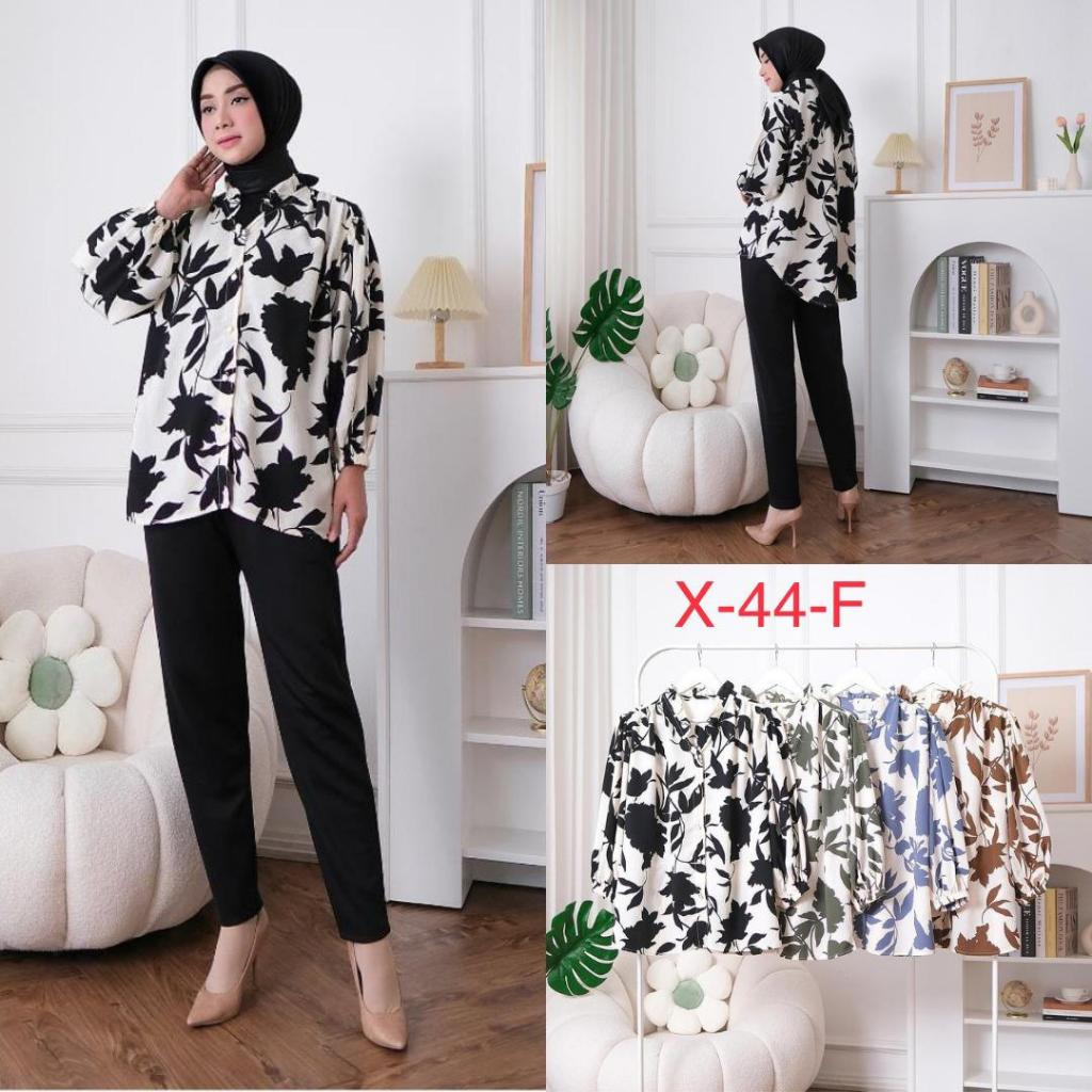 Kemeja wanita motif daun daun lengan panjang LD 112 cm matt ice lotus