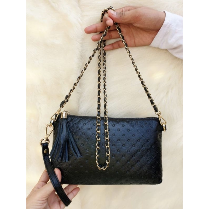 Tas Sling Bag Mini Wanita Hitam Kulit Asli Tali rantai
