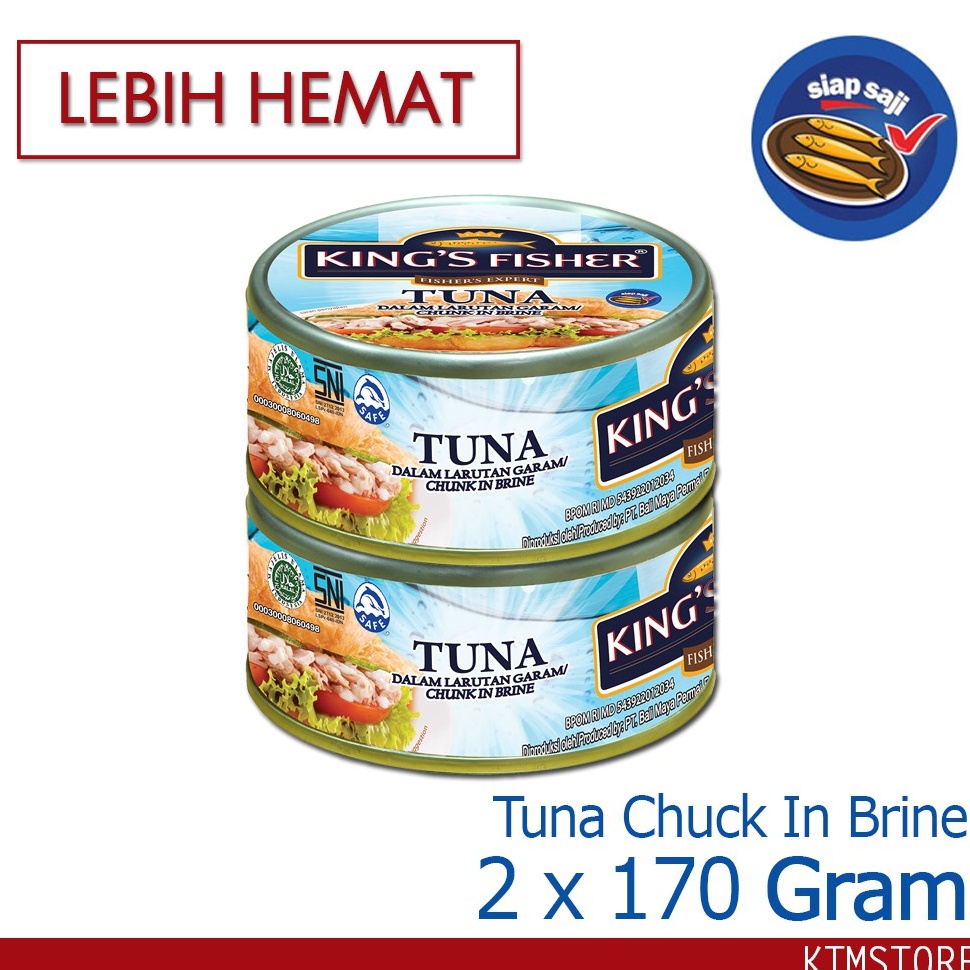 

[♕F76@] KtmStore Paket 2 pcs King's Fisher Tuna dalam Air Garam Tuna in Brine Daging Tuna Makanan Kaleng 170 g Elewen