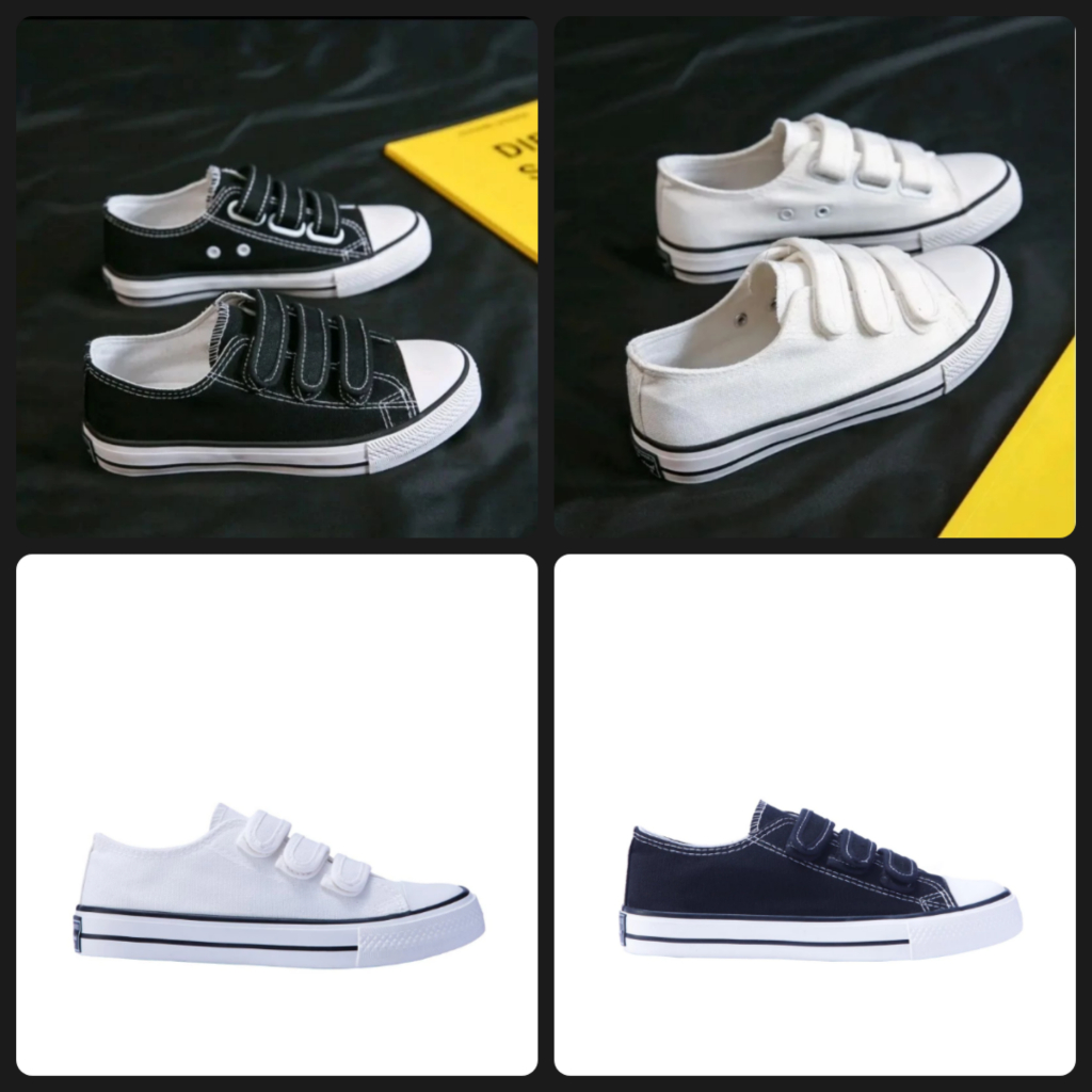 Sepatu Sekolah Hitam Putih Polos SMA Kuliah Kerja Hangout Olahraga/ Sepatu Sneakers Import Strap 3 P