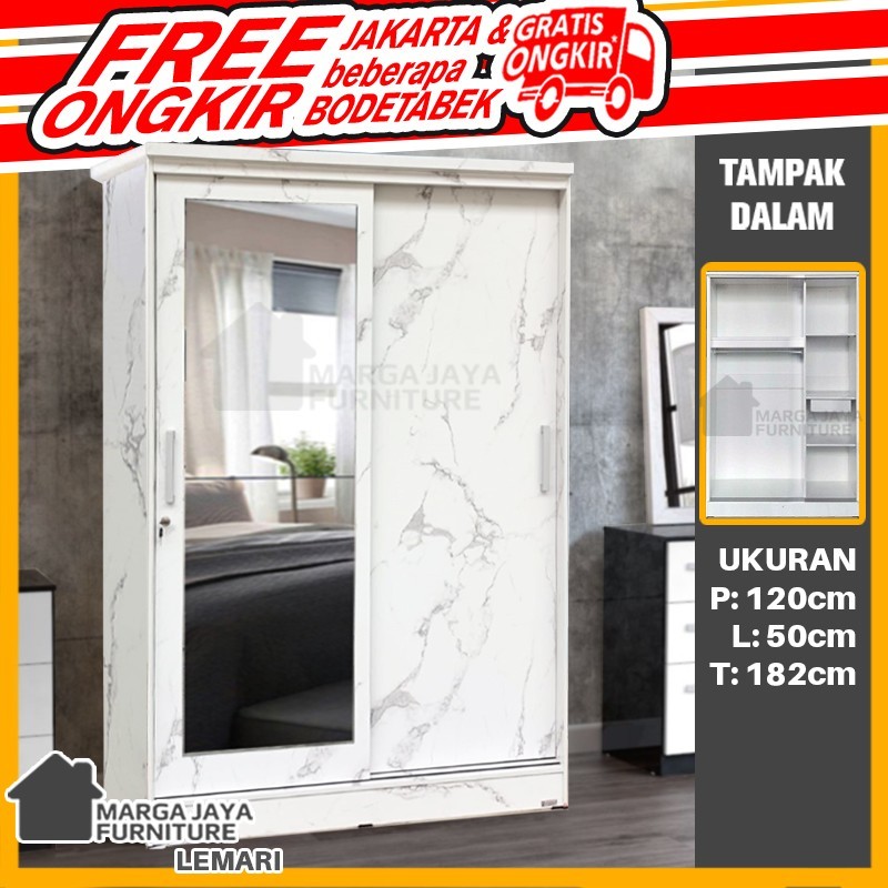 TERBARU Lemari Pakaian 2 Pintu + Kaca Sliding Marmer Putih Baju Minimalis Geser Kamar Aesthetic TERM