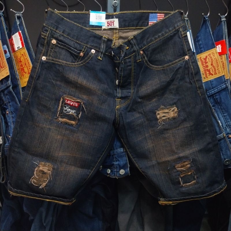 CELANA PENDEK SOBEK-SOBEK BORDIR USA-SBK51 DARK WASHING LIPATAN SELVEDGE JAHITAN RANTAI MODEL KANCIN