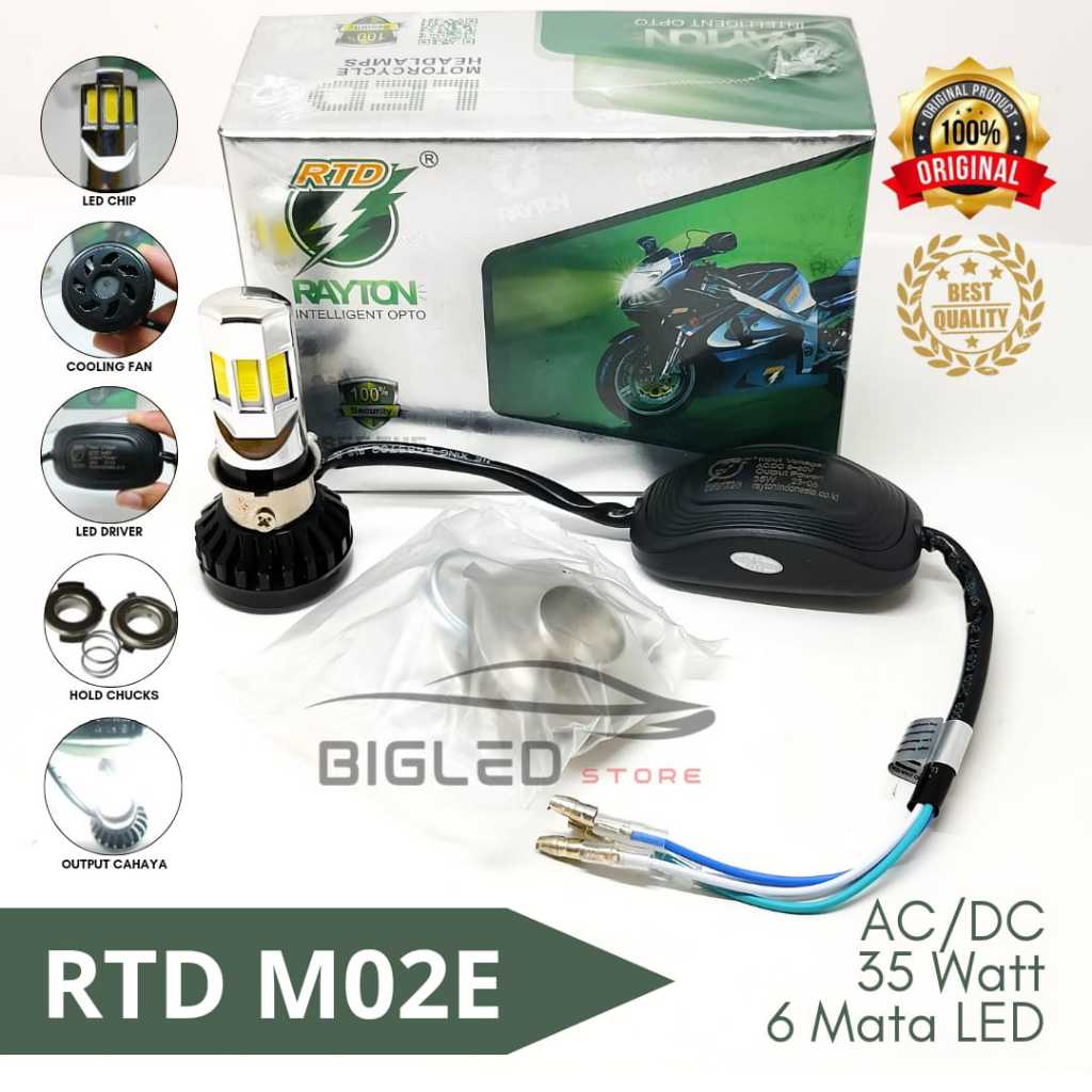 RTD Rayton - Lampu Depan LED WARMWHITE 6 Sisi M02E + Kipas - H4 H6 HS1