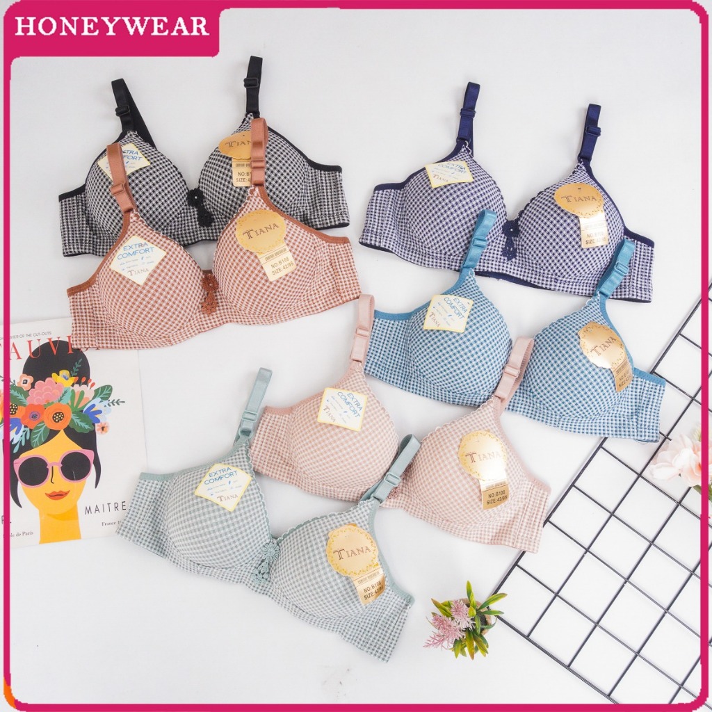 HW - Bra Bh Push Up Wanita Tanpa Kawat Motif Kotak Kait 3 TIANA B108