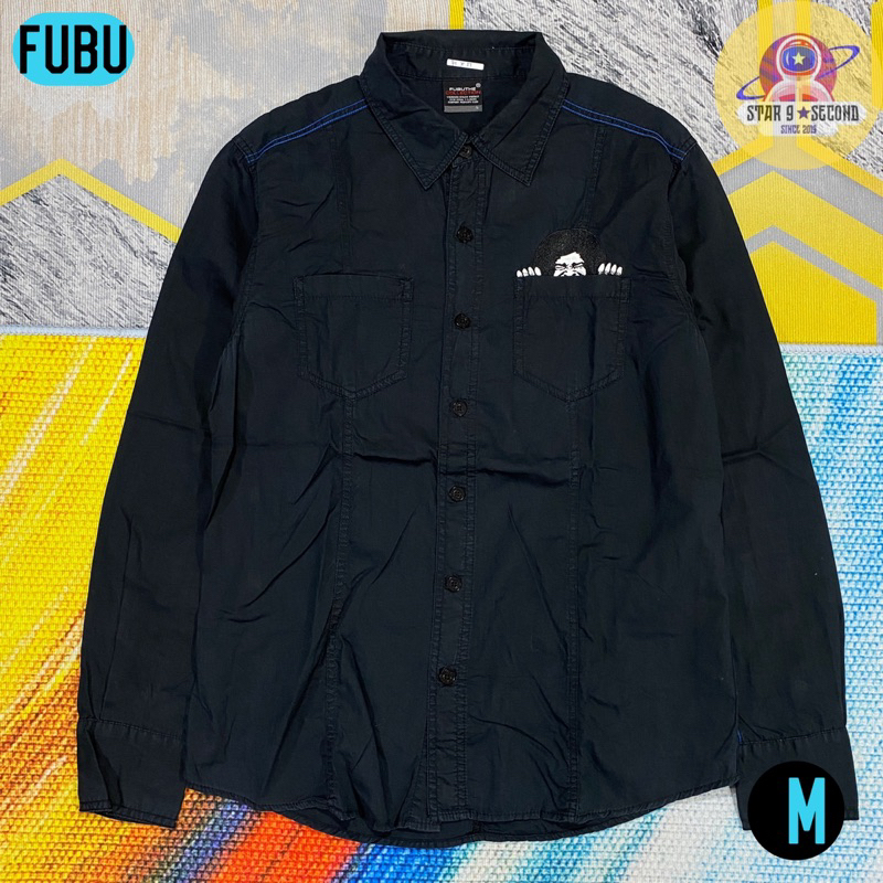 Kemeja FUBU Size Fit ke M Lengan Panjang Polos Hitam Ada Bordir Afro