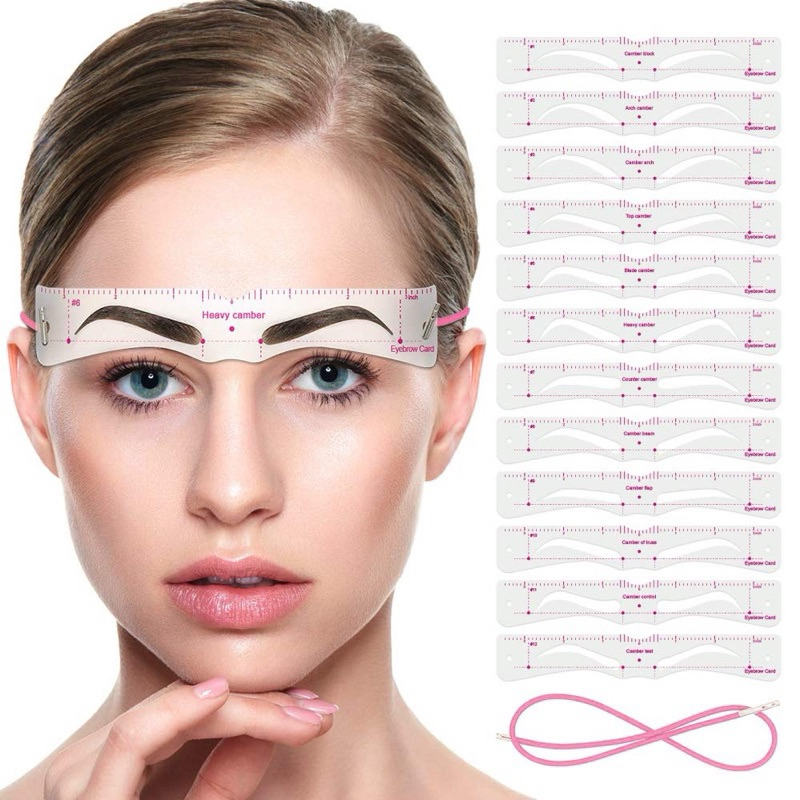 Cetakan Alis isi 12 pcs Model Eyebrow Ruler Card dengan Tali untuk Pensil Alis Sulam Alis