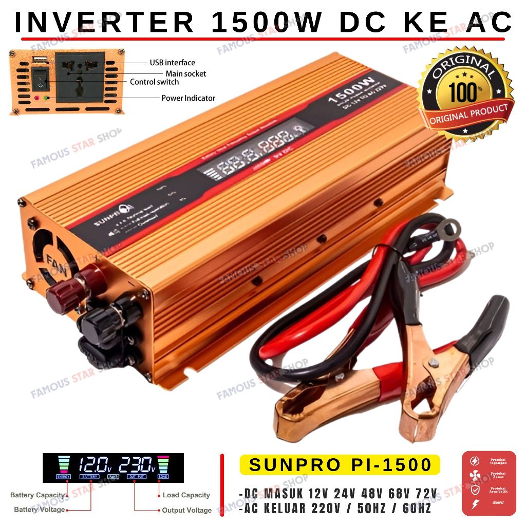 Inverter Power DC To AC 1500 Watt SUNPRO Pl-1500 With USB 5V / Power Inverter 1500 Watt