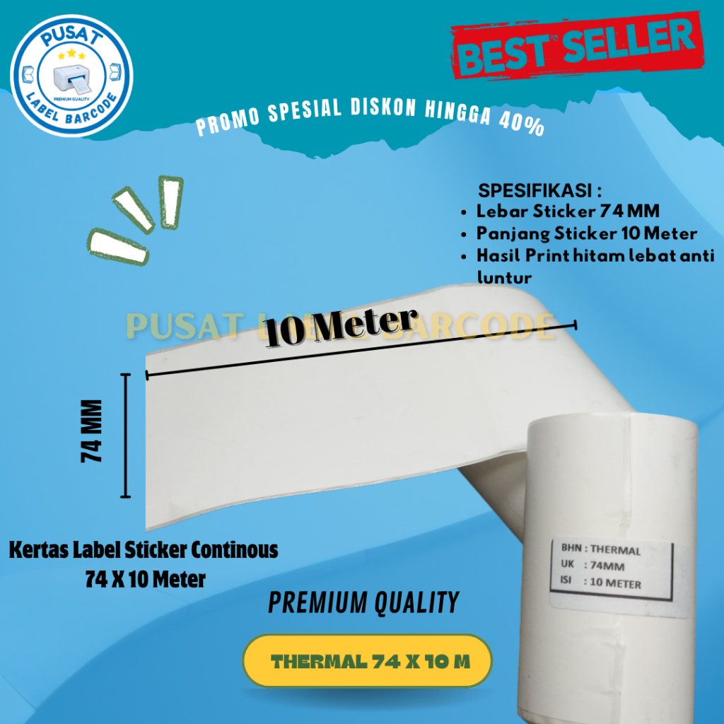 

PROMO Kertas Thermal Stiker Label 74mmx10m continous 80mmx10m premium