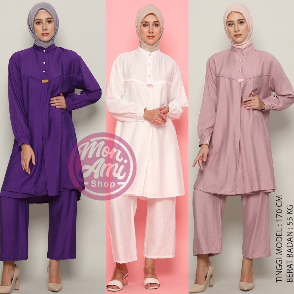 Mau Hemat Azalea Setelan Celana Panjang Tunik Muslim Wanita Bahan Katun Turkish Linen LD 110 - 120 M