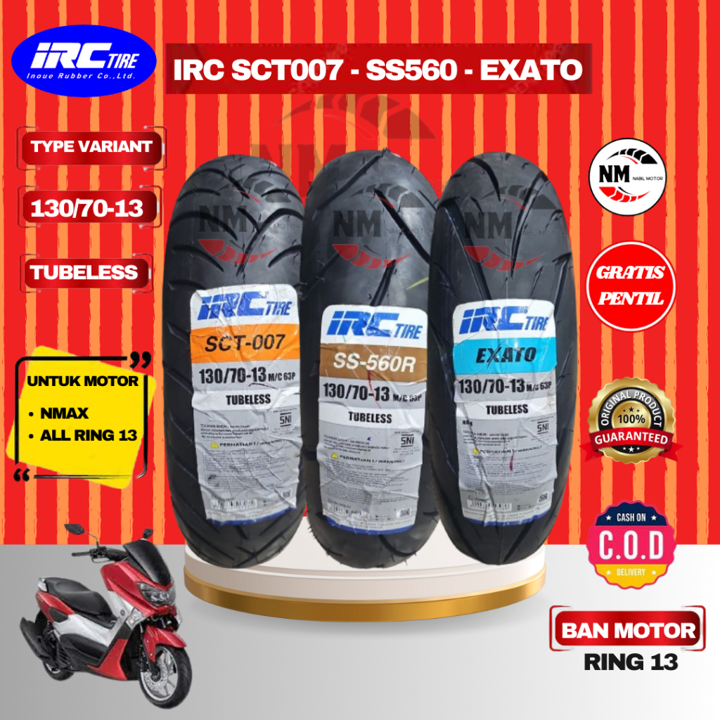 Ban Tubles Ring 13 IRC 130 70 / Ban Belakang Motor NMAX Tubeless Bonus Pentil Original Produksi Terb