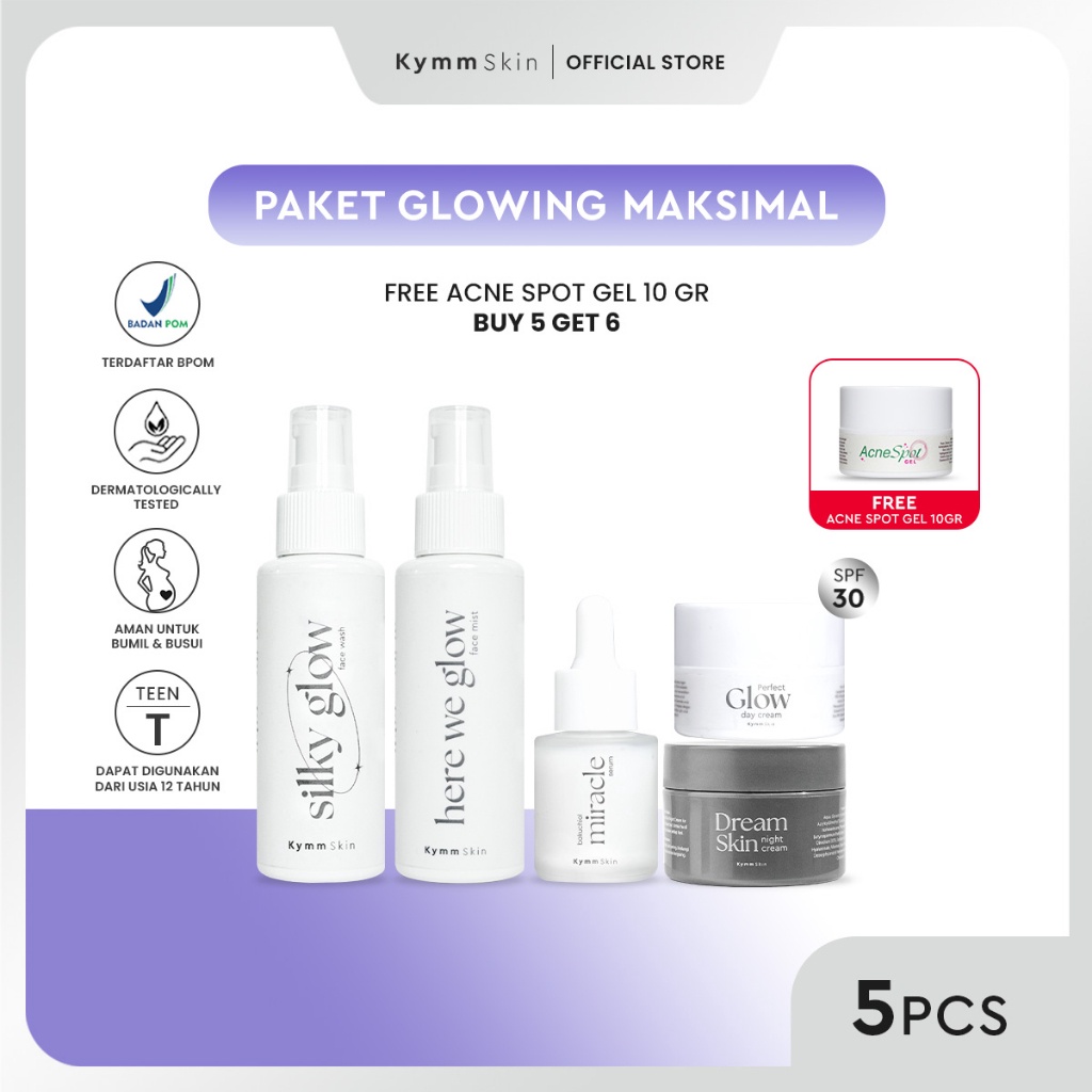 12.12 STOK READY KYMM SKIN Paket Glowing Premium + Free Acne Spot Gel [Face Wash, Day Cream 10GR, Fa