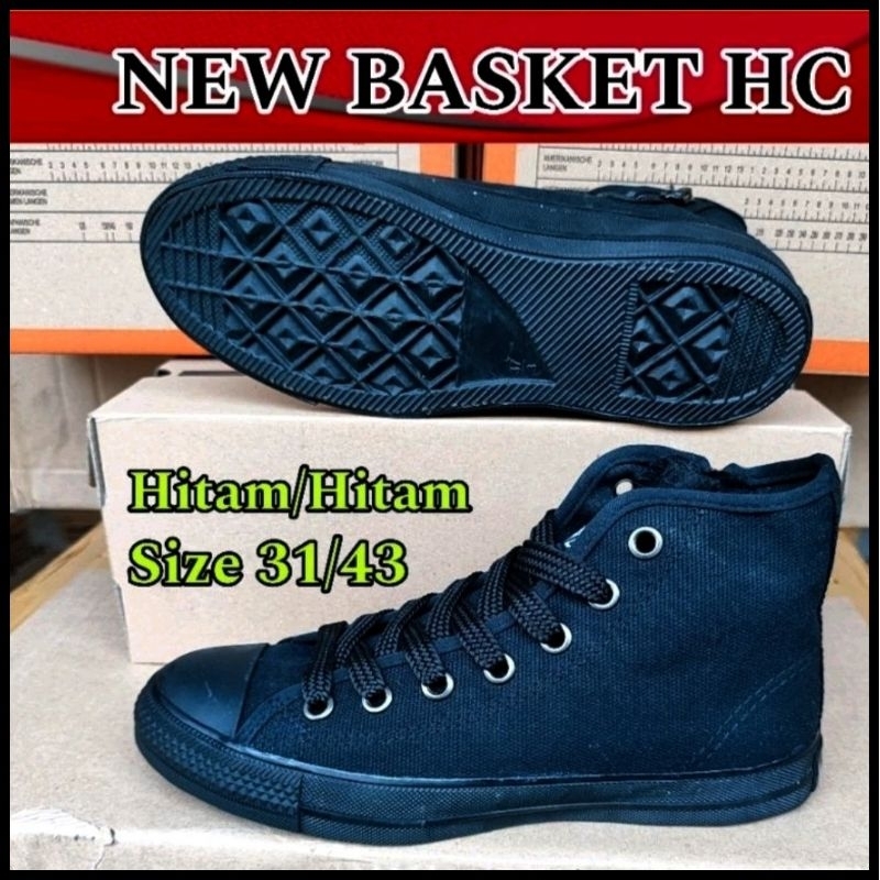 Sepatu Sekolah Kerja Kuliah Pria Wanita Hitam Polos New Basket HC Tinggi Tali Size 31 sd 42 Original