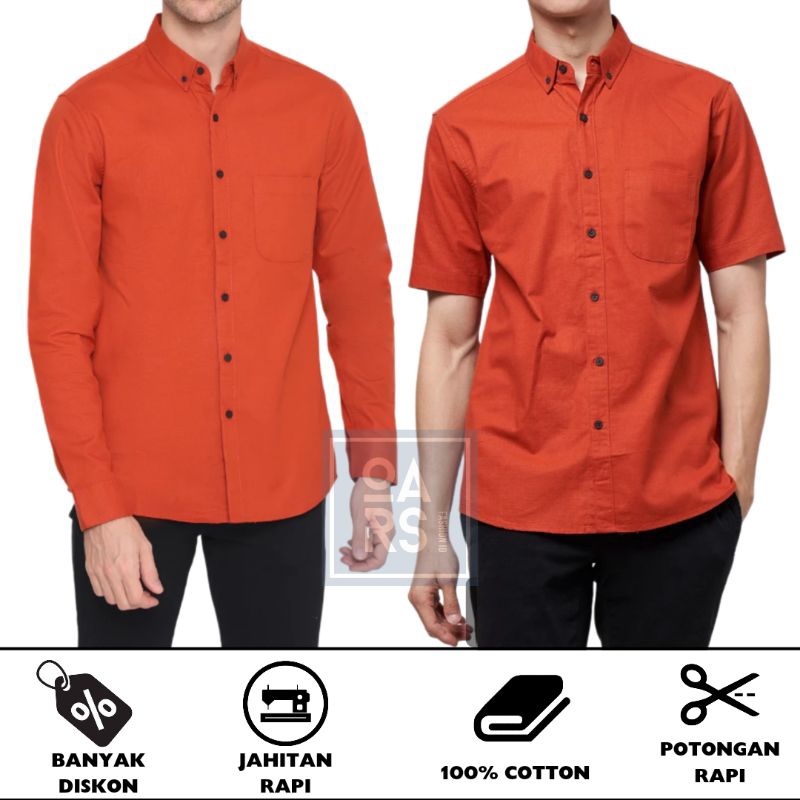 Kemeja Pria Polos Warna Terracotta Merah Bata Lengan Panjang dan Pendek Slimfit Jumbo Bahan Katun co