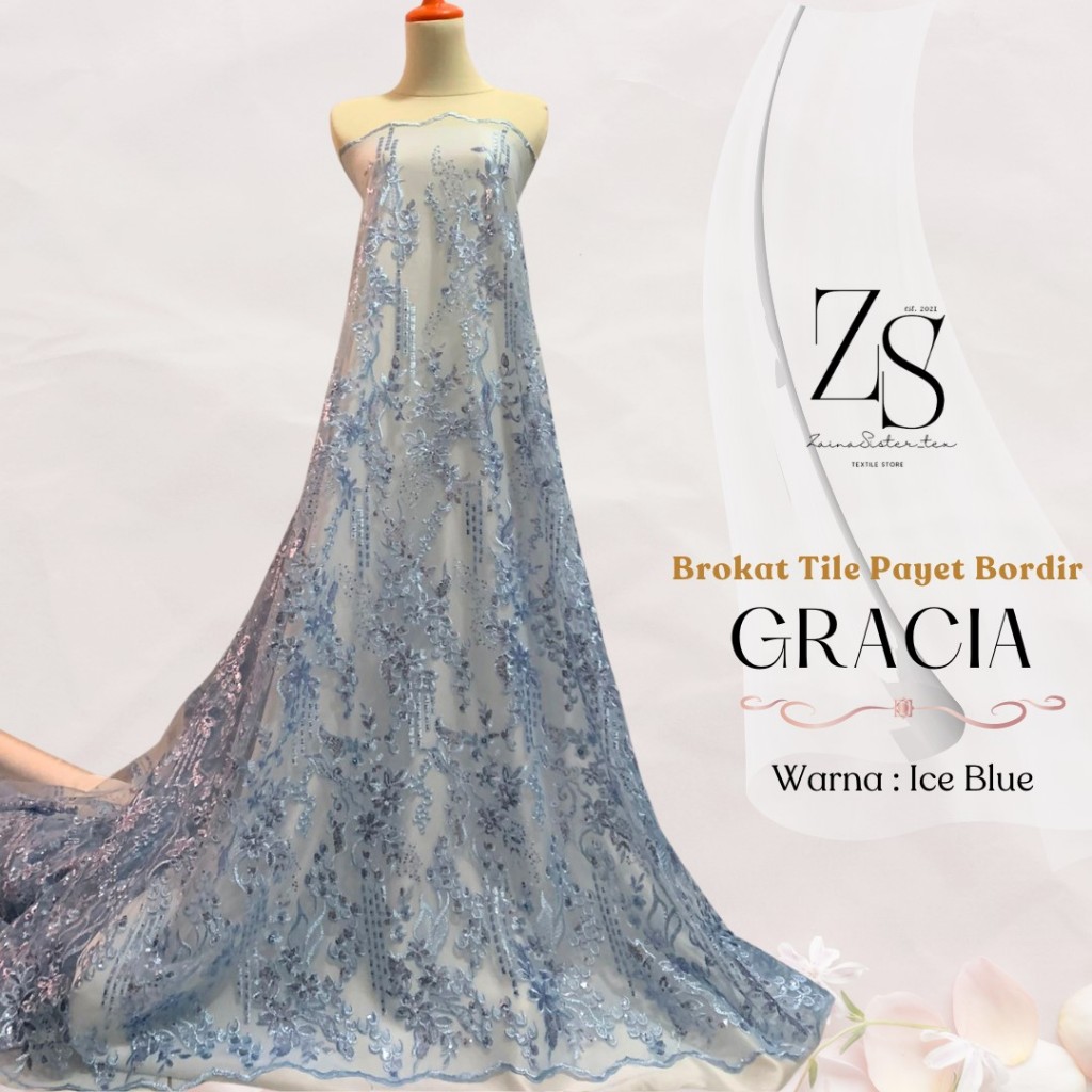 Kain Bahan Kebaya Mewah Brokat Brukat Tile Bordir Payet Gracia Warna Biru Muda Baby Ice Blue