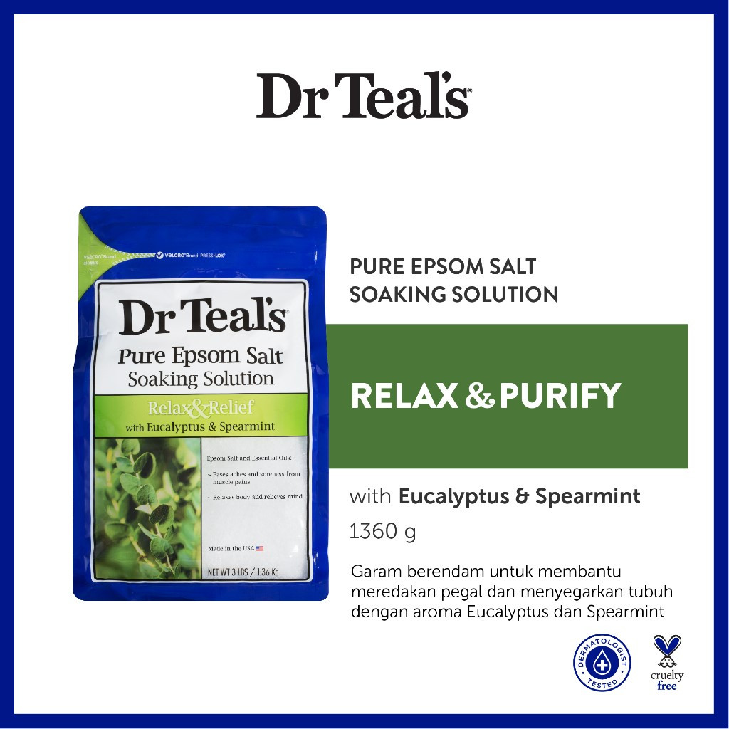 Dr Teal's Pure Epsom Salt Soaks/Garam Berendam - Eucalyptus & Spearmint Essential Oil 1360g