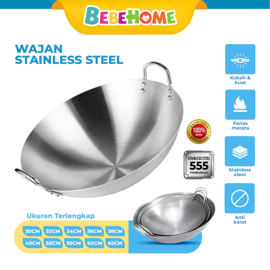 Bebehome Wajan  Stainless Steel 555 Tebal Kuali Premium Dengan Pegangan Stainless
