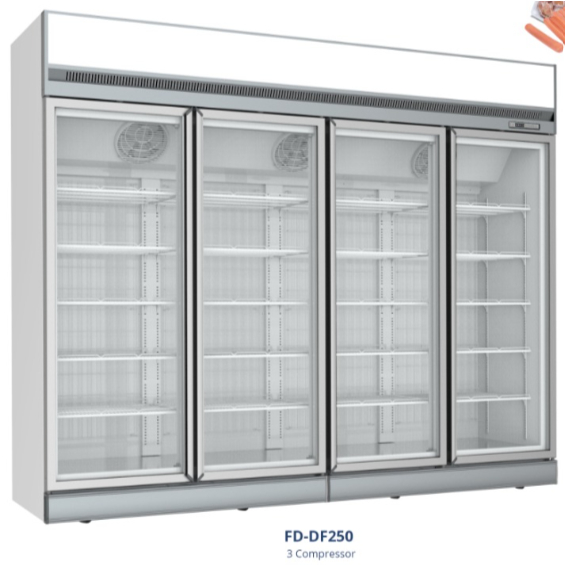 Gea FD-DF250 Up Right Glass Door Freezer - Freezer Showcase untuk Memajang Ice Cream, Frozen Food, Daging Beku 2121 Liter - Freezer Kaca Berdiri 4 Pintu 20 Rak - Freezer Automatic Defrost