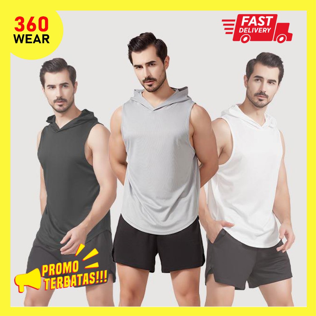Baju Gym Fitness Hoodie Pria Singlet Topi Jaket Rompi Sport Tanktop Cowok Bahan Dryfit Quickdry Poly