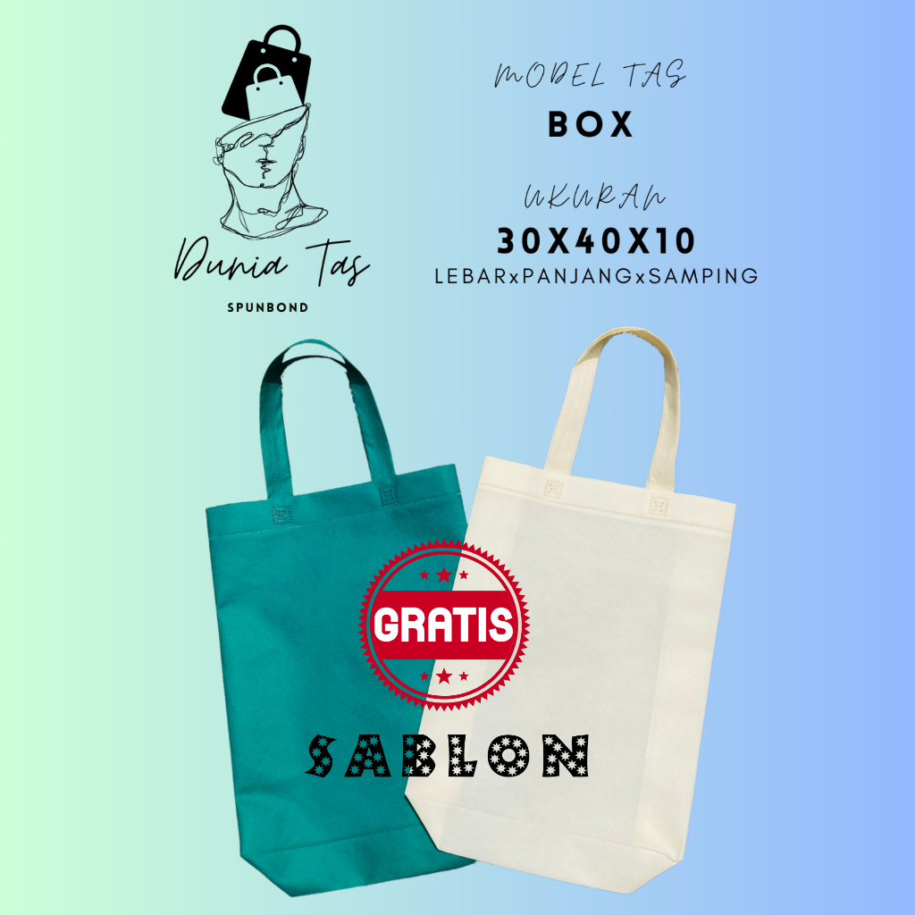 

DUTA SPUNBOND 1 SISI 1 WARNA GRATIS SABLON BOX 30X40X10 GOODIEBAG/TOTEBAG/TAS SPUNBOND SABLON/TAS BELANJA/TAS KADO