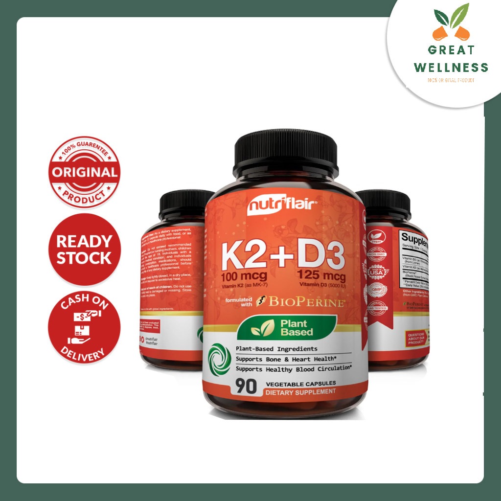 (DIJAMIN ASLI) NutriFlair Vitamin K2 (as Mk7) with D3 (5000iu/125mcg) Plus BioPerine