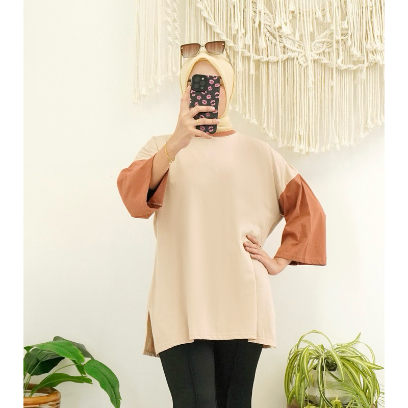 	 KAOS OVERSIZED SLIT KOMBINASI DAILY TOP JUMBO XXL BASIC POLOS LENGAN 7/8 COTTON COMBED 30S SOOYA	