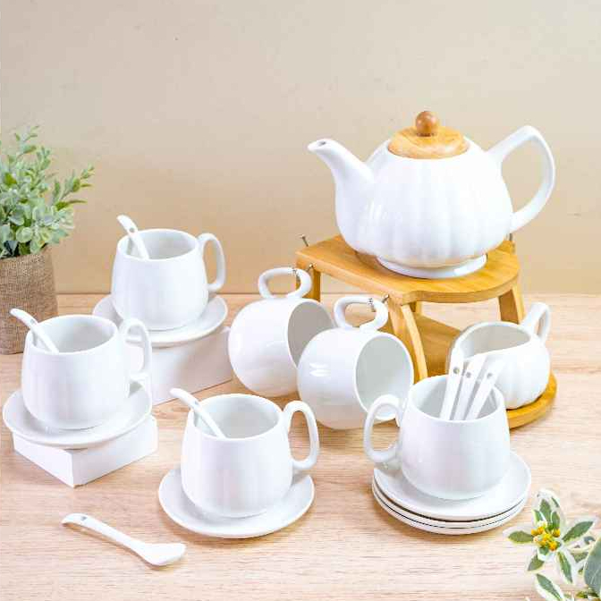 [VAES] Tea Set 21 in 1 White Linen – Set Cangkir & Teko Keramik Putih + Rak Kayu / Coffee Tea Set El