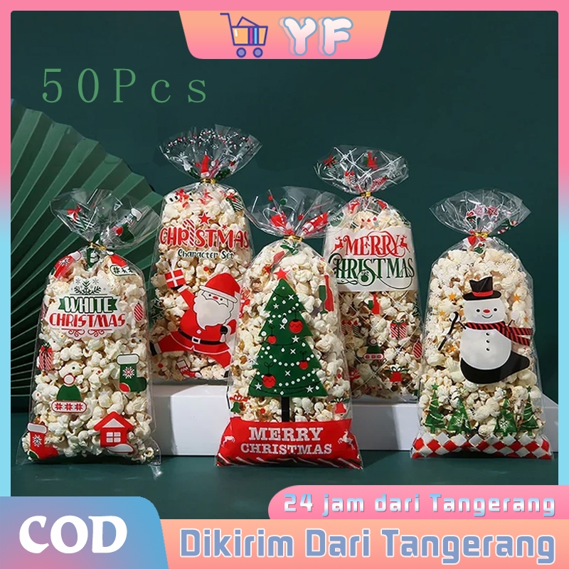 

50 Pcs Tas Hadiah Natal Opp Transparan + 60 Dasi Berwarna Emas Plastik Bungkus Kado Candy Bag Christmas Kantong Plastik Natal