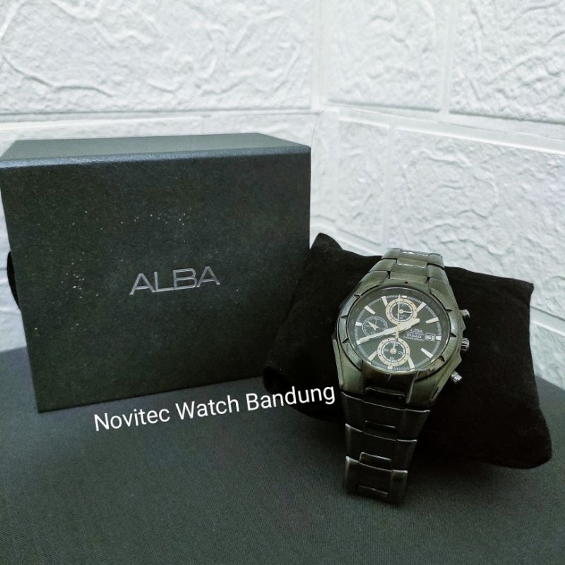 Men Watch Alba AF8F65X1 Chronograph second Preloved black shine model rantai jam tangan pria bekas b