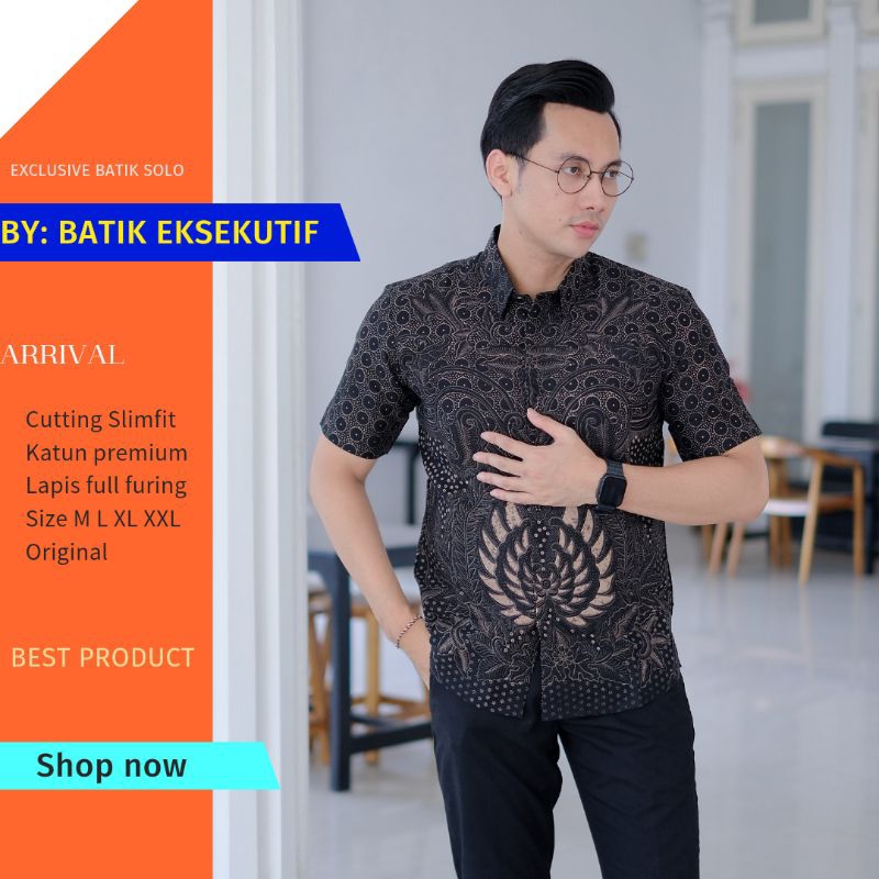 Batik Pria Slim Fit Lengan PENDEK Full Furing Heem Kemeja Laskala Premium Warna Hitam Pekat