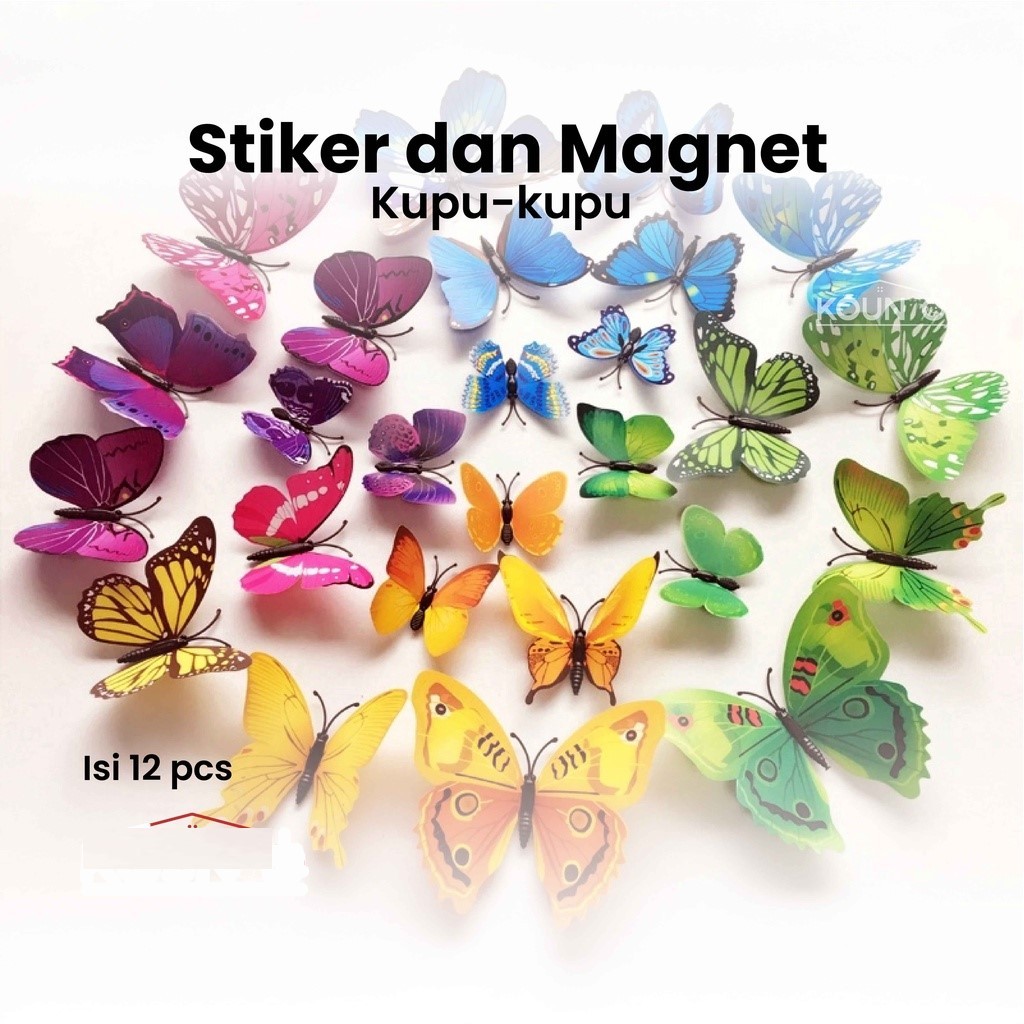 Stiker Dinding Kupu Kupu 3D Isi 12pcs Tempelan Hiasan Kupu2 Magnet Pintu Lemari Kulkas