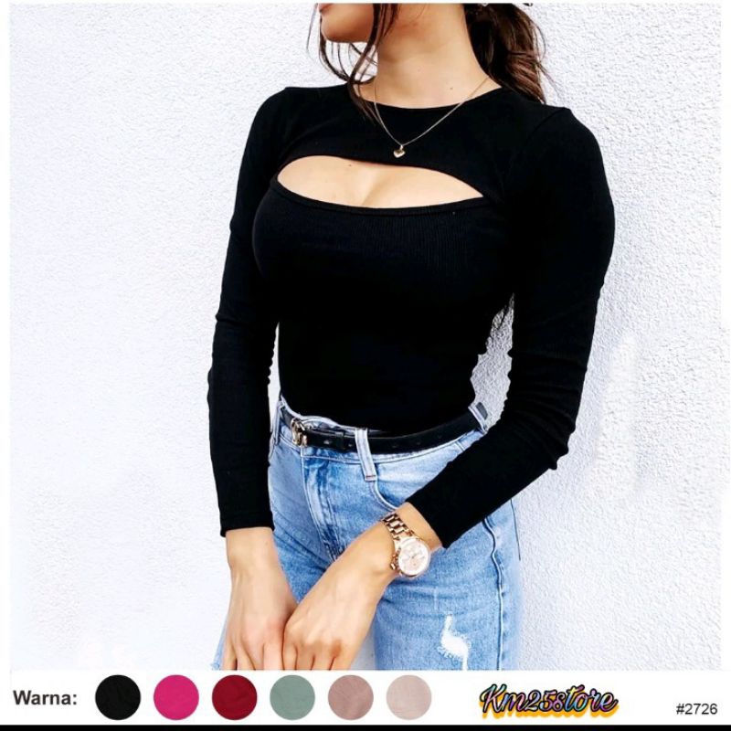 Kaos Wanita Lengan Panjang (Model Bolong diatas dada) -Km25store