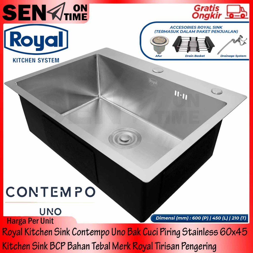 Wastafel Cuci Piring Kitchen Sink Stainless Royal Contempo Uno 60 x 45 dapur Sink BCP Bahan Tebal Me