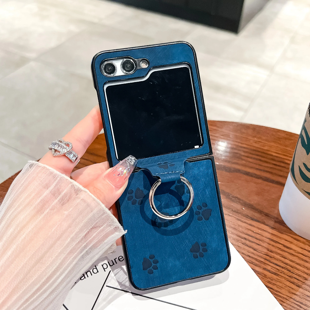 Leather Cat Paw Print Case for Samsung Galaxy Z Flip 5 4 3 5G Flip5 Flip4 Flip3 Ring Holder Fashion 