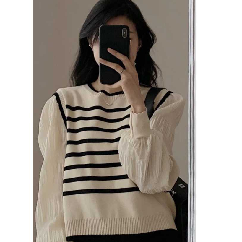 Rompi rajut striped atasan wanita  korean lengan panjang balon rajut