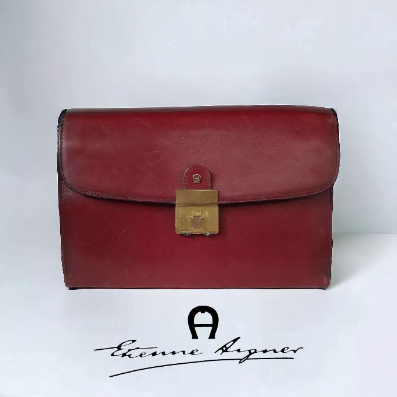 vintage 90s clutch tas kulit pria AIGNER burgundy made in italy