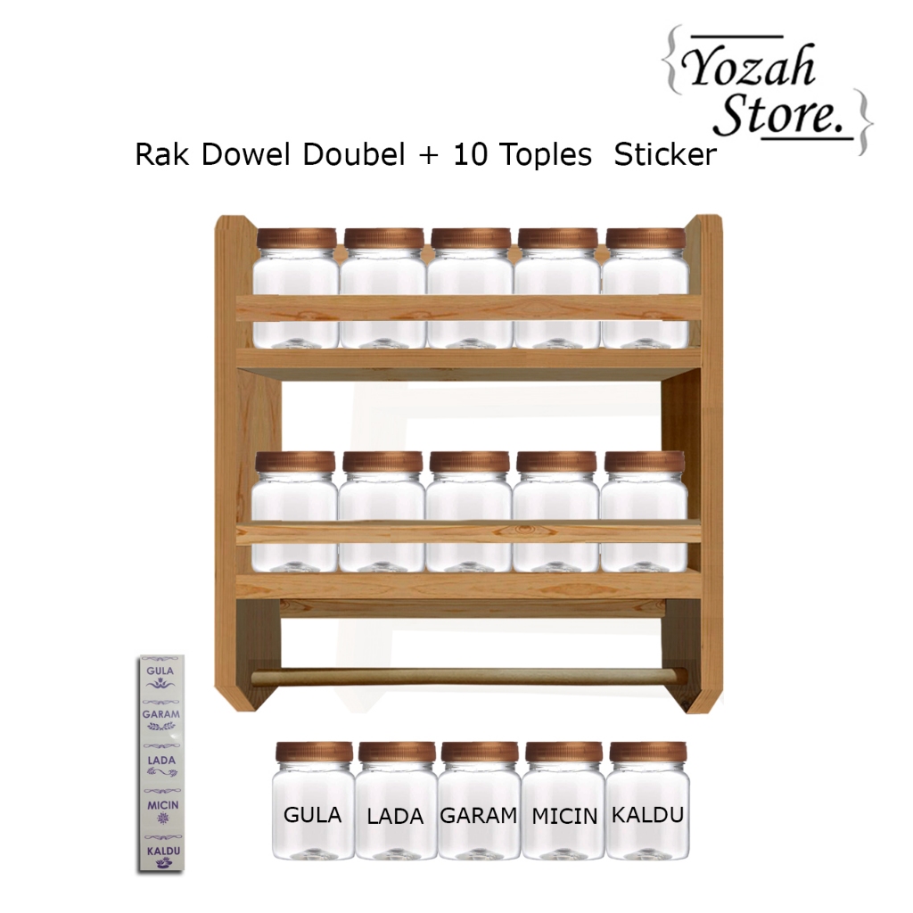 Rak Kayu Bumbu Dapur 2 Susun Gantung Aesthetic 1Set Toples Sticker - Tempat Bumu Dapur  kayu2 Tingka