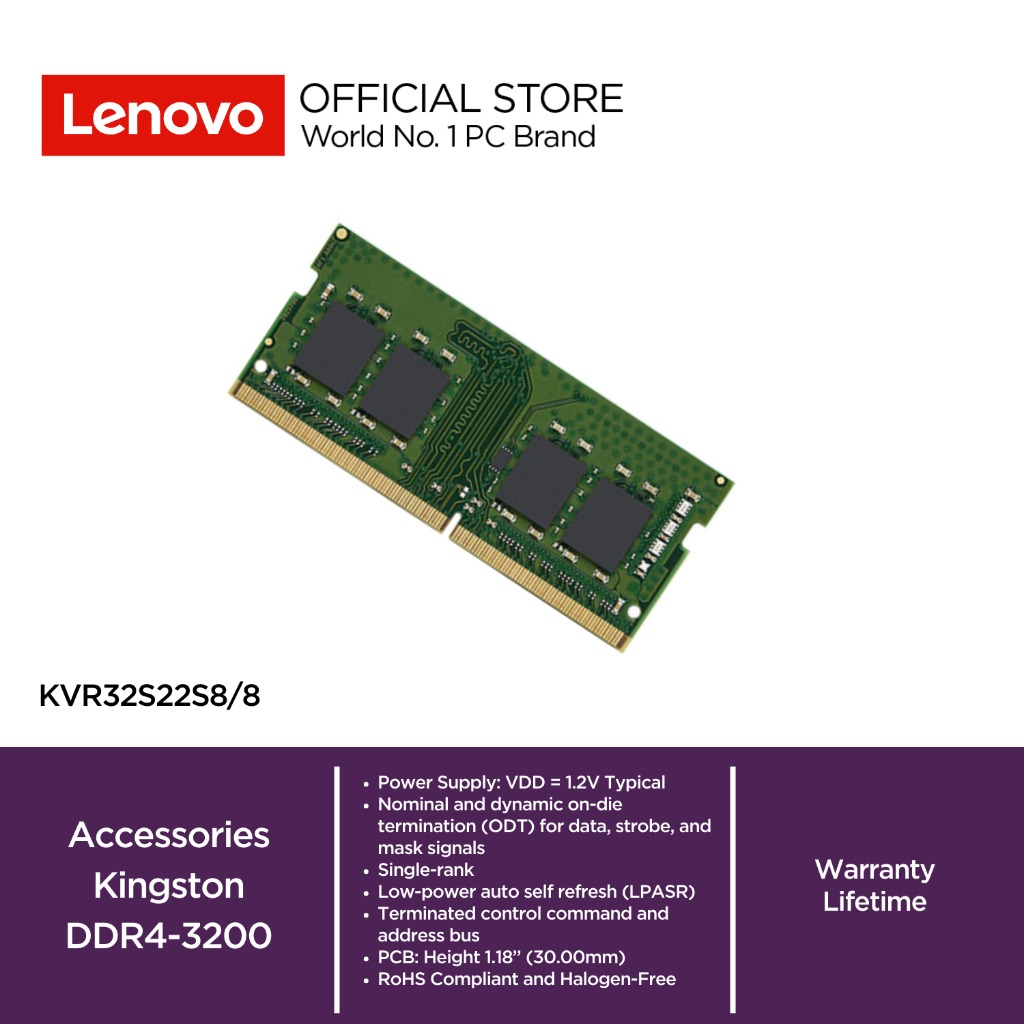 Kingston 8GB DDR4 3200MHz Non-ECC Memory RAM SODIMM KVR32S22S8/8 for Laptop / PC AIO