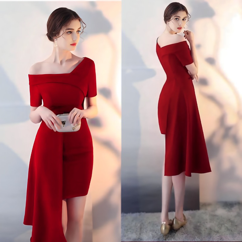 ASYMMETRICAL DRESS - Dress pesta wanita off shoulder sabrina dress high low red merah maroon dress b