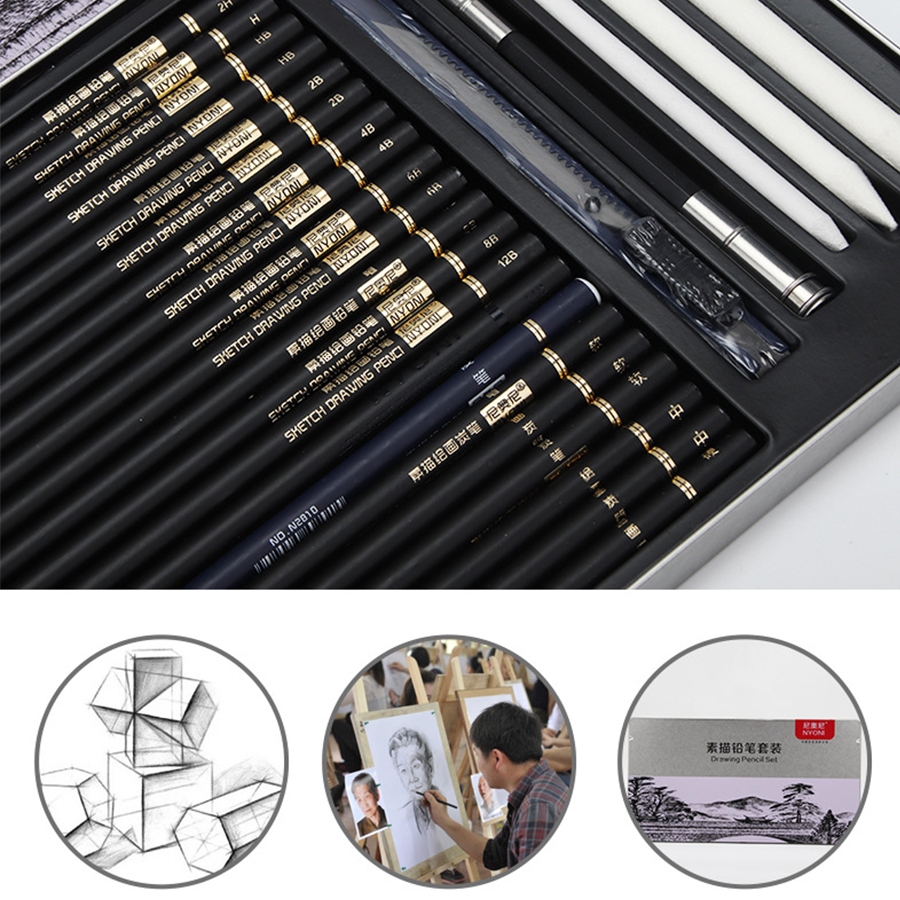 

RB Nyoni Sketch Drawing Pencil / Pensil Grafit Charcoal Arang 29 Pcs Set Tin Case