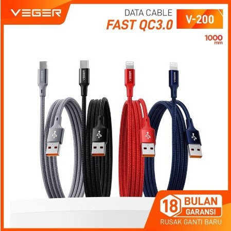 Kabel VEGER V190, V200, V210 Micro/Type-C/Lightning Fast Charging 3A Ori Eceran