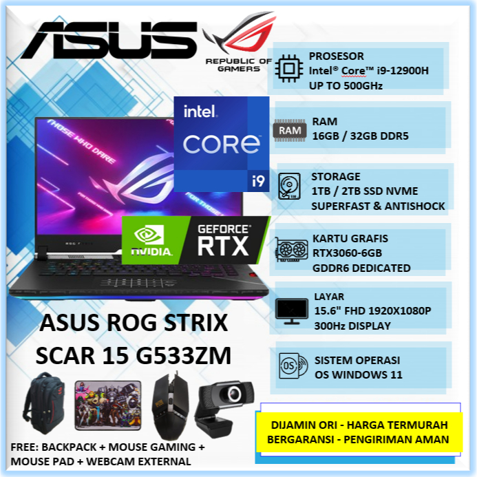 Laptop Gaming Asus ROG Strix Scar 15 G533ZM Intel i9 Gen 12 32GB 2TB SSD RTX3060-6GB 15.6" FHD 300Hz